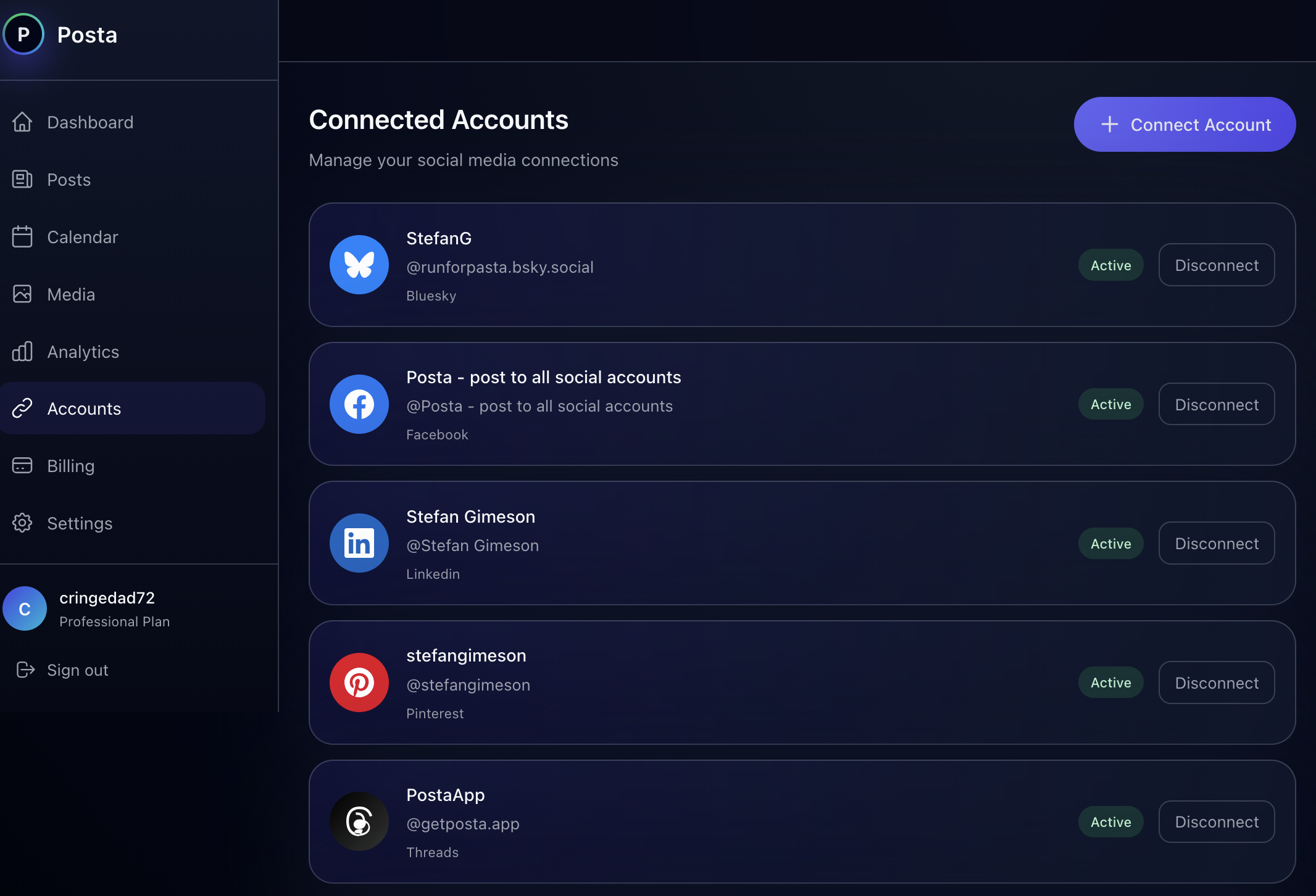 Connected social accounts management view