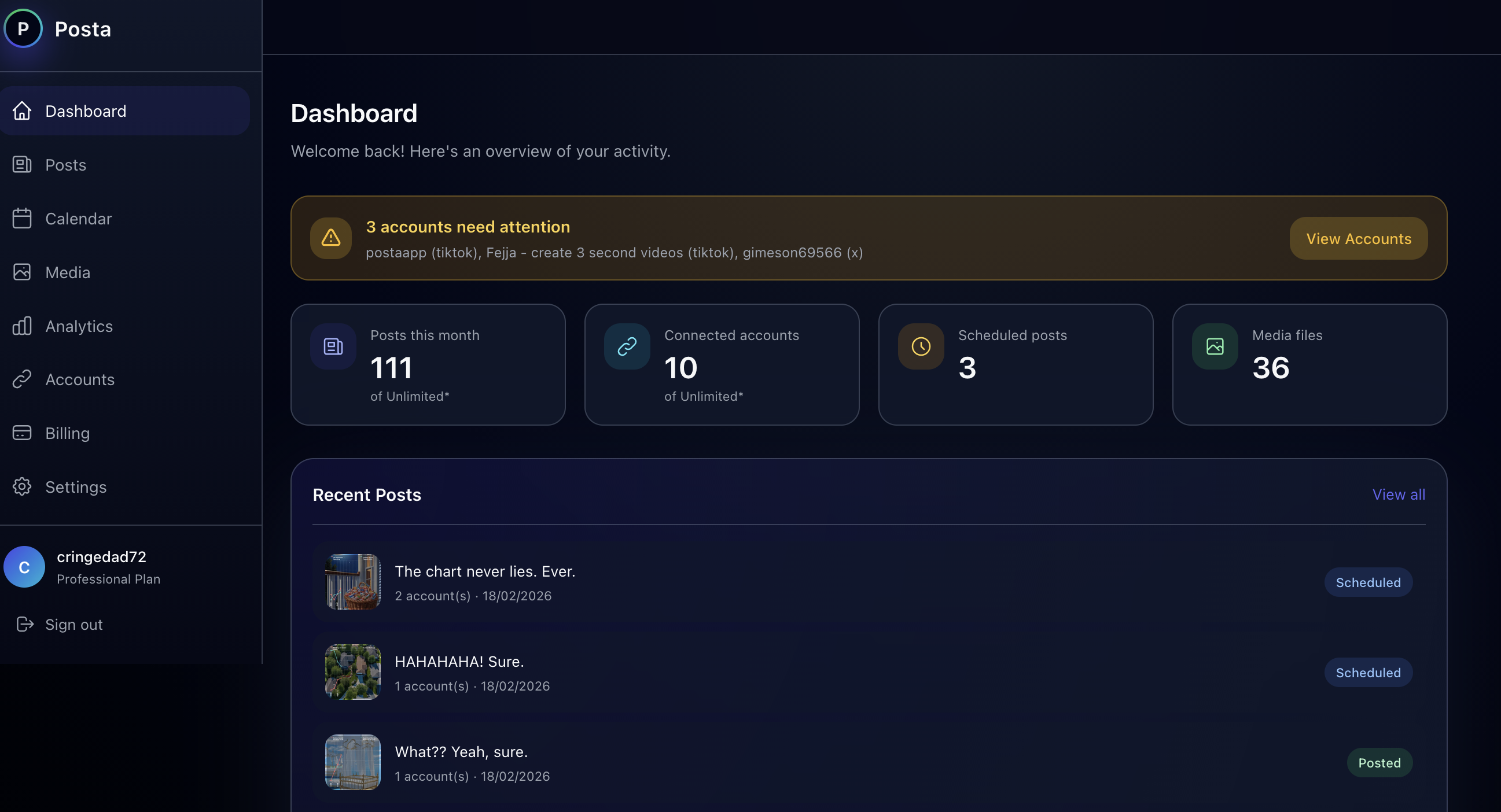 Posta dashboard showing scheduled posts and account health